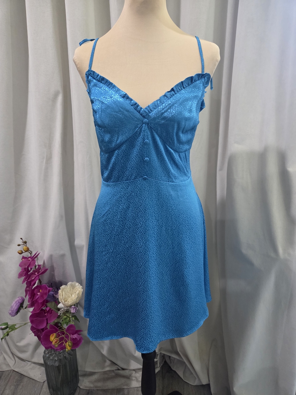 Zara Bright Blue Satin Ruffle Trim Slip Dress